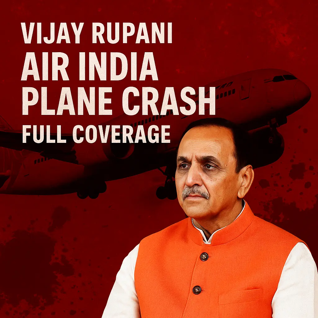 A red-themed news poster featuring Vijay Rupani, the former Chief Minister of Gujarat, in an orange Nehru jacket. The background includes a silhouette of an Air India Boeing aircraft with bold white text reading “Vijay Rupani Air India Plane Crash – Full Coverage,” symbolizing his reaction and the national response to the tragic AI171 flight crash from Ahmedabad to London.