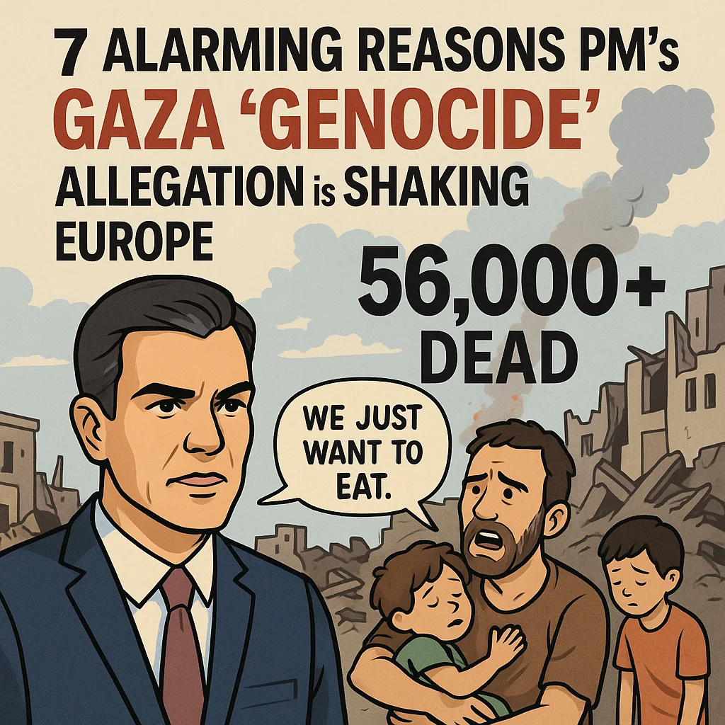 A powerful illustration showing Spanish PM Sánchez calling Gaza crisis a genocide as civilians suffer.